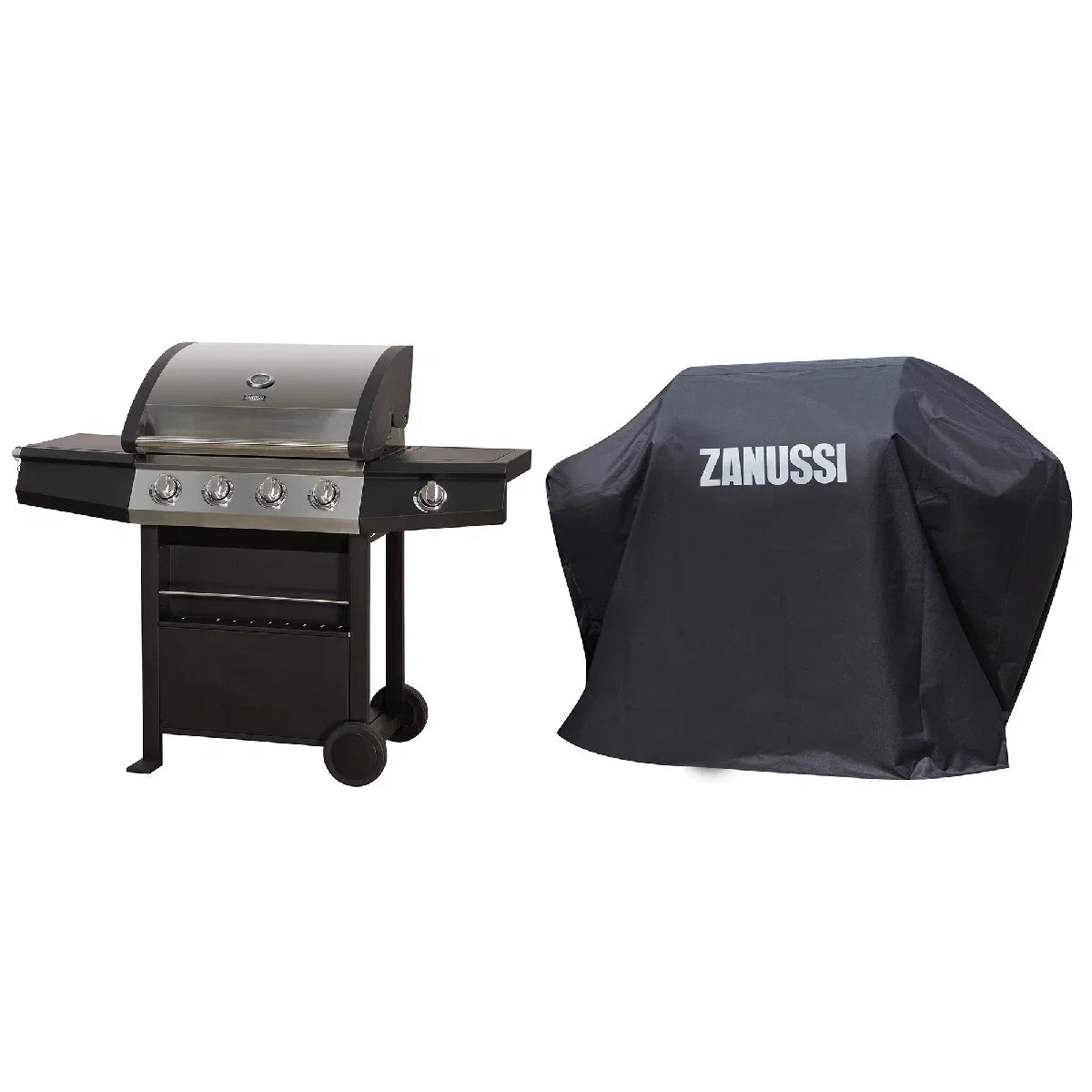 Zanussi ZGBBQ4B01-C 4-Burner Gas BBQ with Side Burner and Cover in Black and Stainless Steel