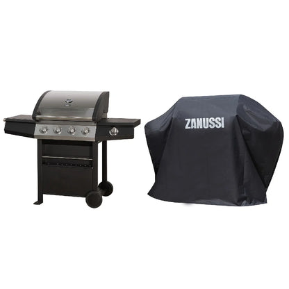 Zanussi ZGBBQ4B01-C 4-Burner Gas BBQ with Side Burner and Cover in Black and Stainless Steel