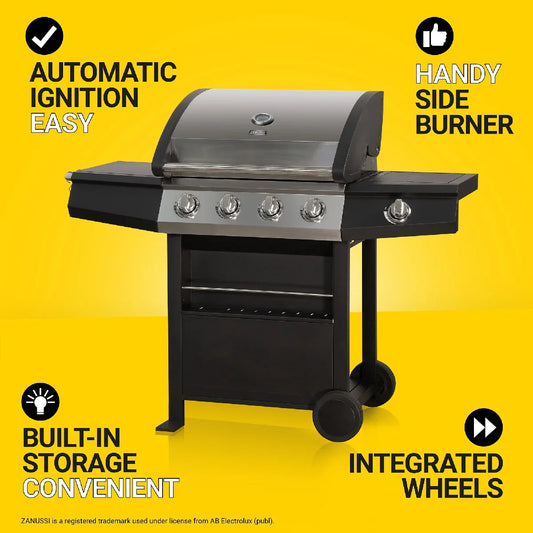Zanussi ZGBBQ4B01-C 4-Burner Gas BBQ with Side Burner and Cover in Black and Stainless Steel