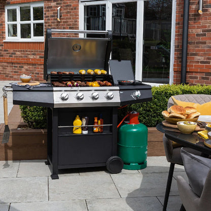 Zanussi ZGBBQ4B01-C 4-Burner Gas BBQ with Side Burner and Cover in Black and Stainless Steel