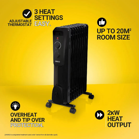 Zanussi ZOFR5004B 2kW 9 Fin Oil Filled Radiator – Black
