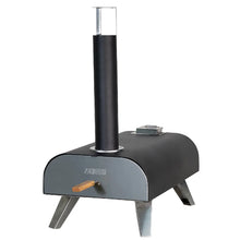 Black outdoor pizza oven with Zanussi branding on a white background