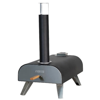 Black outdoor pizza oven with Zanussi branding on a white background