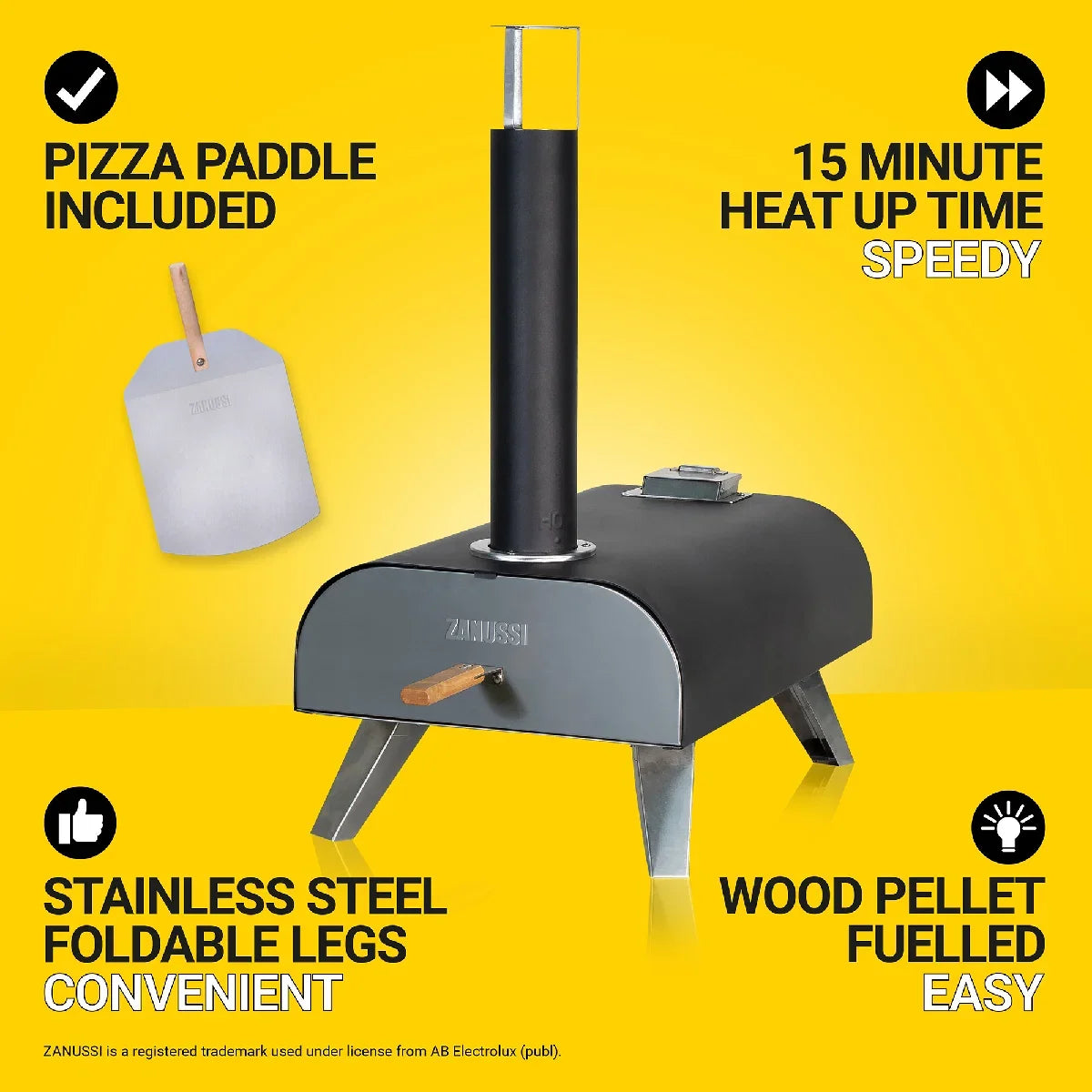 stainless steel wood pellet pizza oven with a black chimney and foldable legs, shown on a bright yellow background with promotional text and a pizza paddle accessory.