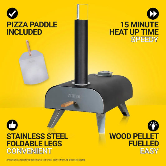 stainless steel wood pellet pizza oven with a black chimney and foldable legs, shown on a bright yellow background with promotional text and a pizza paddle accessory.